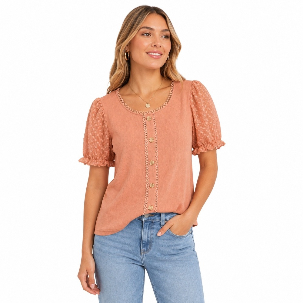 E&M Eyelet Trim Swiss Dot Puff Sleeve Women Size S Coral Top